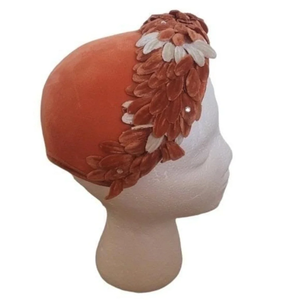 Vintage 1940's Millinery Burnt Orange and Cream Velvet and Rhinestone Floral Hat - Picture 5 of 5